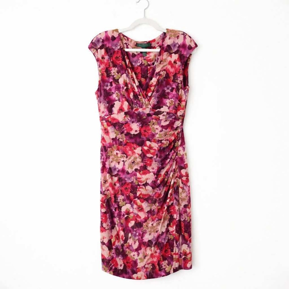 Lauren Ralph Lauren‎ Sheath Dress Womens 12 Pink Purple Floral Ruched V-Neck